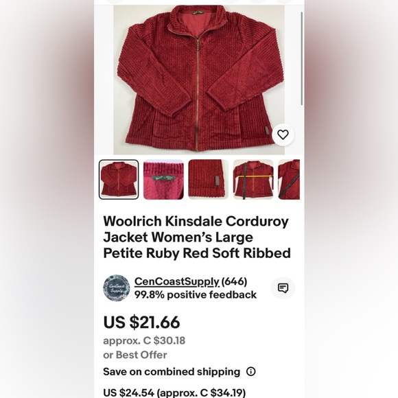 Women’s Woolrich Kinsdale Corduroy Burgundy Full Zip Jacket, Pockets! Size L - Picture 12 of 17